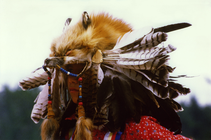 Native boy in traditional headdress, Heritage Days, Edmonton, 1988